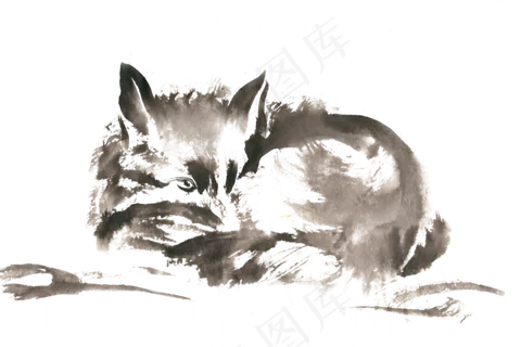 蜷卧着的狐狸水墨画PNG免抠素材