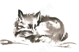 蜷卧着的狐狸水墨画PNG免抠素材