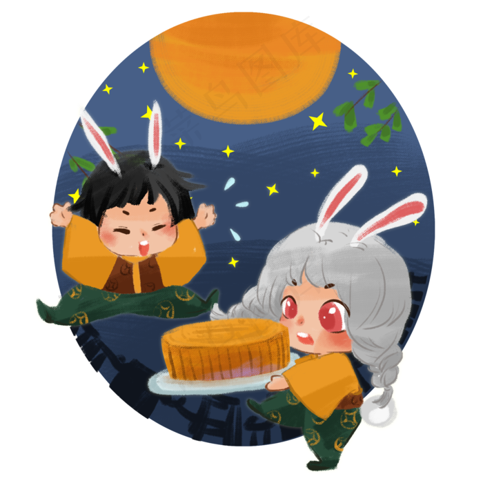 中秋节可爱月兔Q版人物手绘插画,免抠元素