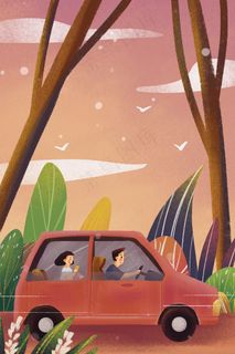 夏日开车出去旅游场景