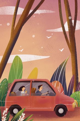 夏日开车出去旅游场景