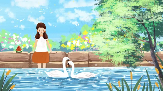 夏天女孩在公园湖边看天鹅小清新 夏天女孩在公园湖边看天鹅小清新