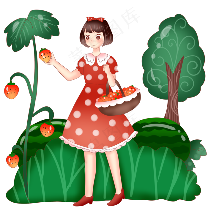 立夏摘草莓的女孩插画