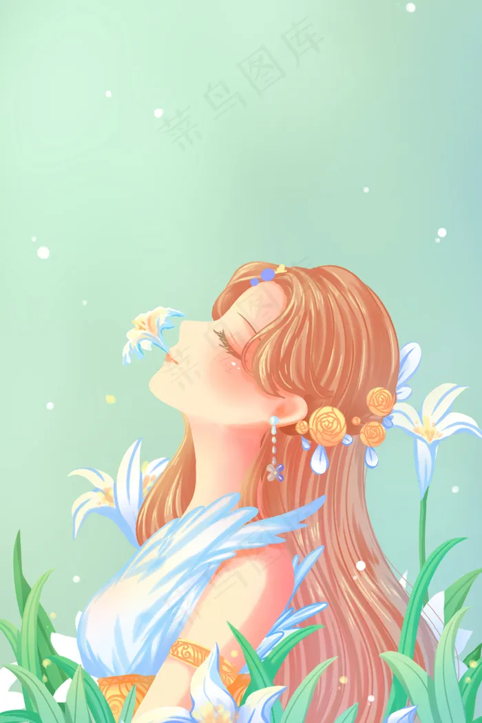 绿色唯美卡通文艺花季少女与花兰花春天配图(3545X5315(DPI:300))psd模版下载