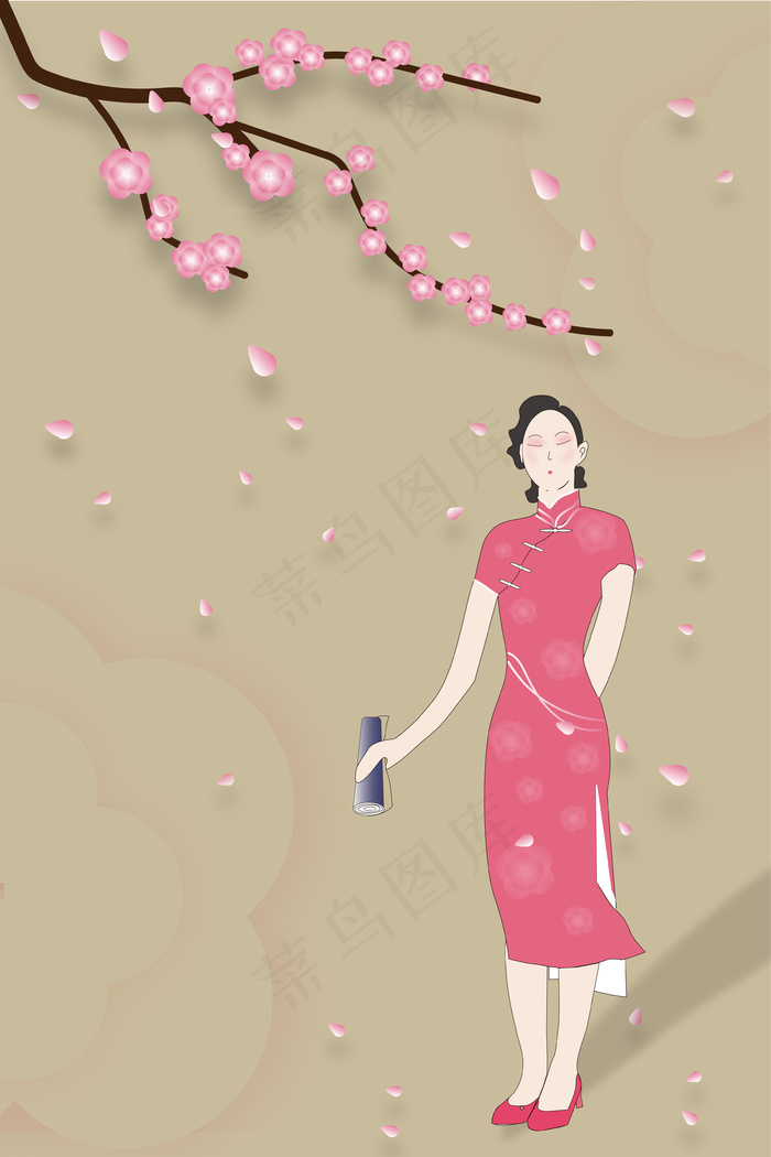 粉棕色系工笔民国风诗意旗袍美女(3545X5315(DPI:300))psd模版下载