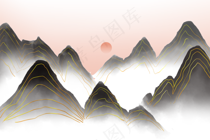 中国风山水水墨金线(3000X2000(DPI:300))psd模版下载