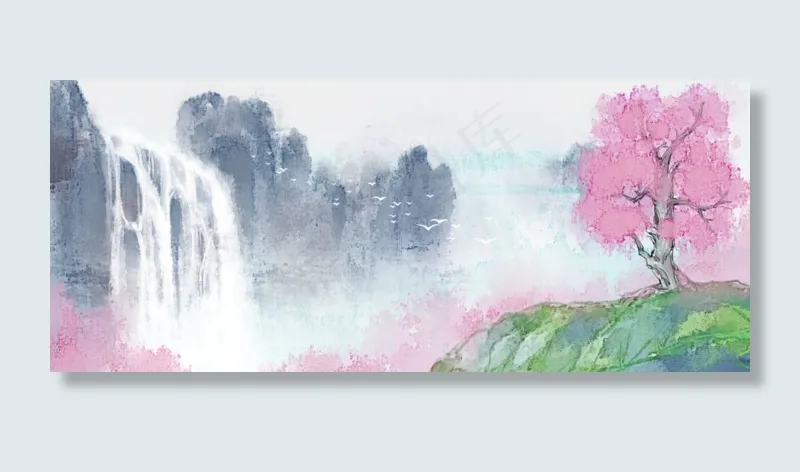 深谷桃源山水风景古风水墨(1920X800(DPI:300))psd模版下载