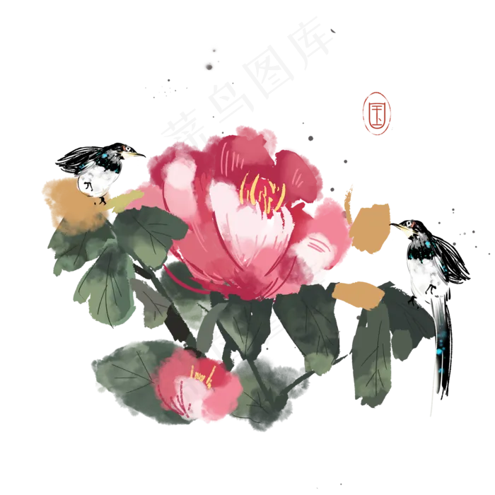 水墨花鸟花儿素材,免抠元素