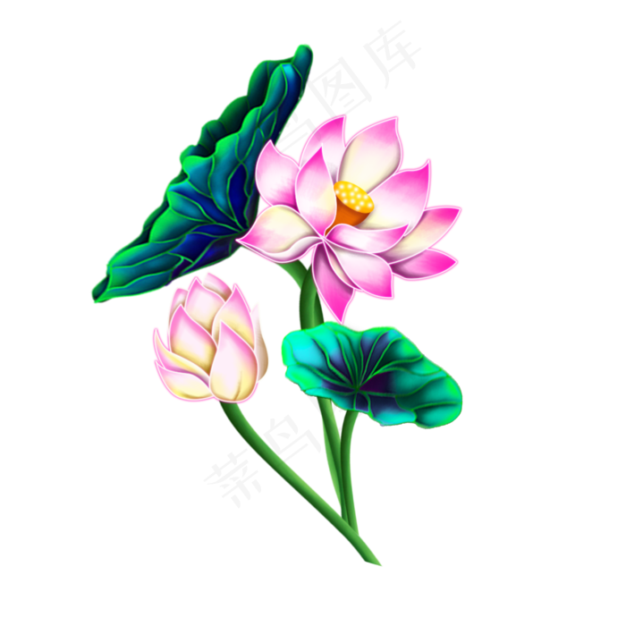 工笔画荷花荷叶鸟儿,免抠元素(2500*2500px 300 dpi )psd模版下载