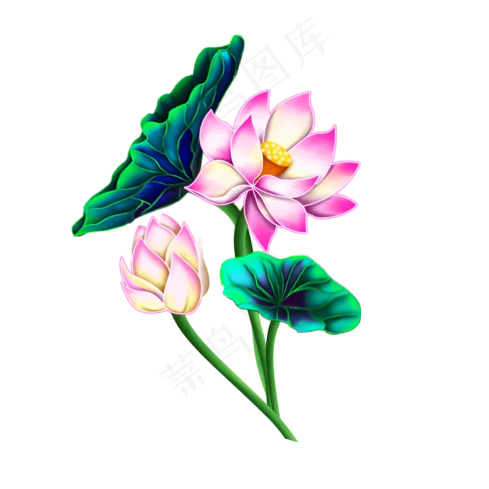 工笔画荷花荷叶鸟儿,免抠元素(2500*2500px 300 dpi )psd模版下载