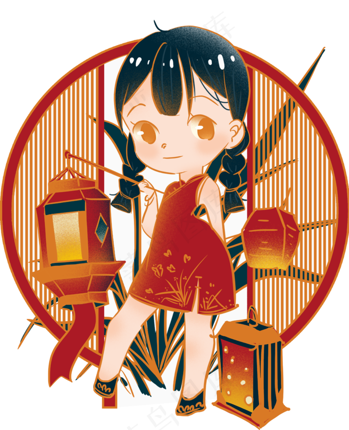 手绘元宵节提灯插画,免抠元素