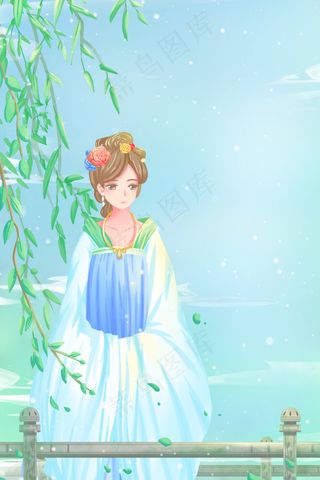 绿色唯美卡通小清新夏季古风少女赏景配图