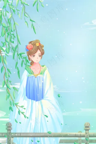 绿色唯美卡通小清新夏季古风少女赏景配图