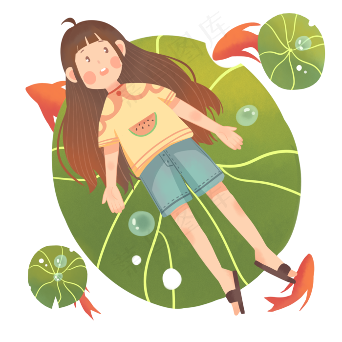 立夏躺在荷叶上的女孩插画