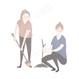 植树节种树苗的两个女孩