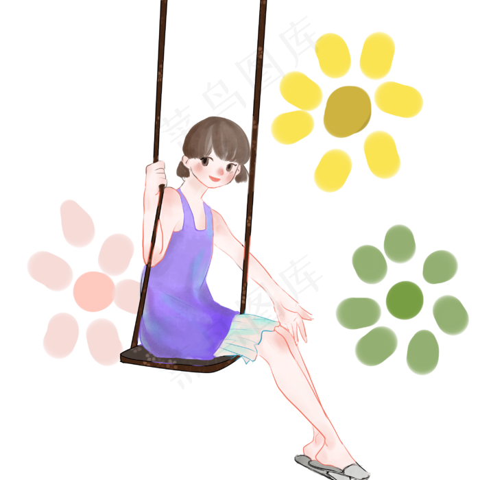荡秋千的连衣裙少女