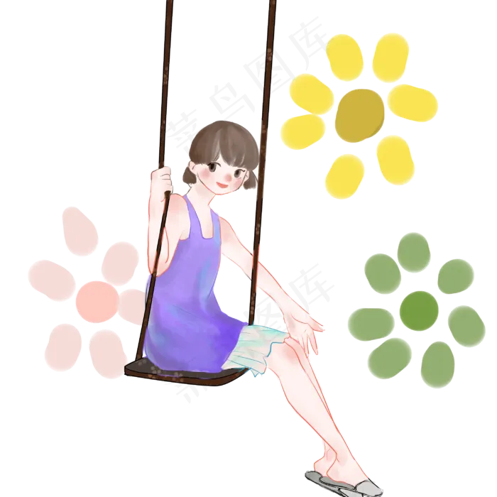 荡秋千的连衣裙少女