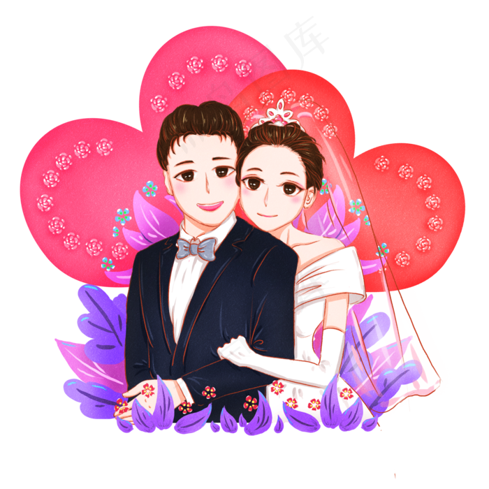 手绘结婚请柬西式新婚夫妇卡通形,免抠元素(1024*1369px 72 dpi )psd模版下载