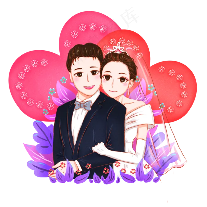 手绘结婚请柬西式新婚夫妇卡通形,免抠元素(1024*1369px 72 dpi )psd模版下载