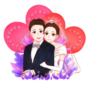 手绘结婚请柬西式新婚夫妇卡通形,免抠元素