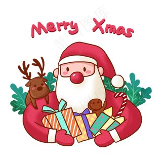 圣诞节送礼物的Q版圣诞老人和麋�,免抠元素