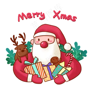 圣诞节送礼物的Q版圣诞老人和麋�,免抠元素