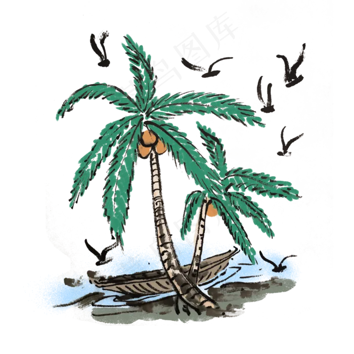 夏天椰树海滩椰子手绘(4000X4000(DPI:300))psd模版下载