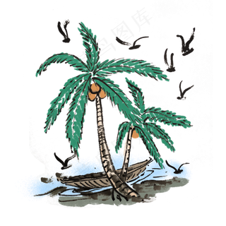 夏天椰树海滩椰子手绘