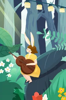 春分春天春季绿色女孩弹琴花丛树叶远山树林