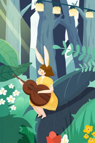 春分春天春季绿色女孩弹琴花丛树叶远山树林