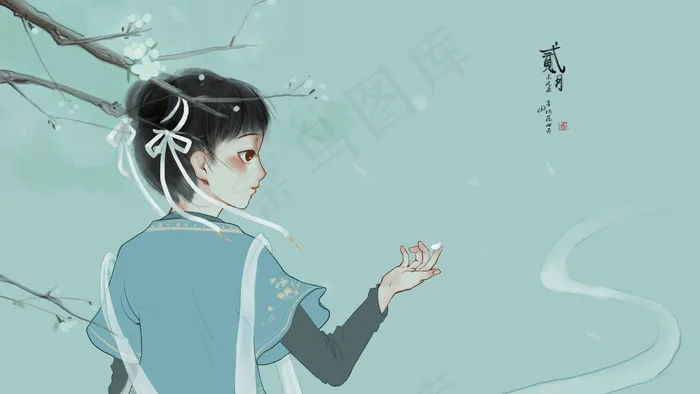 你好二月梨花水墨古风汉服女孩