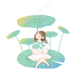 夏至在荷叶下躲雨的女孩
