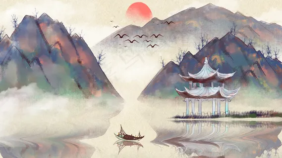 水墨风中国风山川河流风景配图 水墨风中国风山川河流风景配图