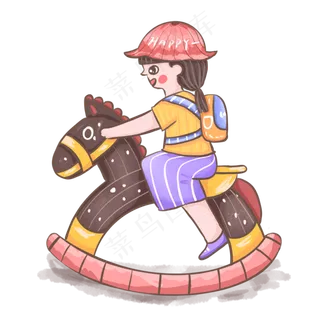 儿童节女孩骑木马卡通可爱PNG