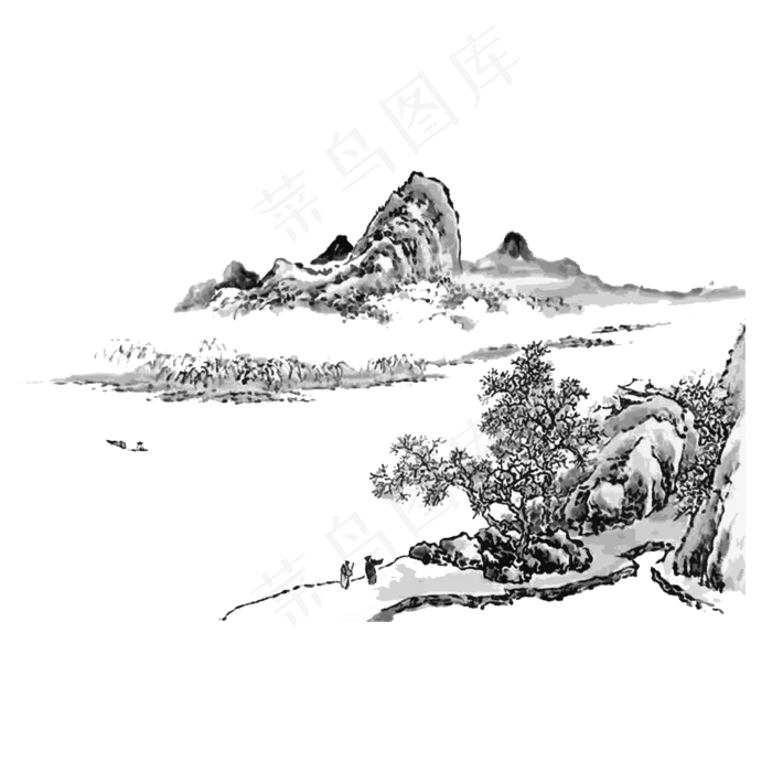 国画山水水墨风景PNG线条东方意境,免抠元素(2000X2000(DPI:200))psd模版下载
