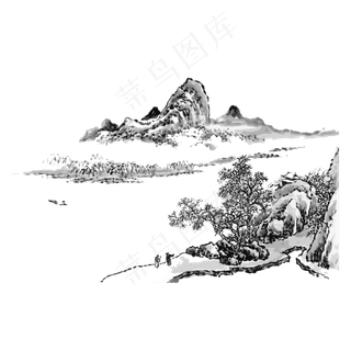 国画山水水墨风景PNG线条东方意境,免抠元素