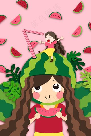 粉色系扁平风立夏西瓜女孩配图