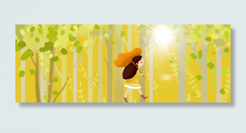 夏天大太阳小女孩行走在树林里banner(1920*700px 	       )psd模版下载
