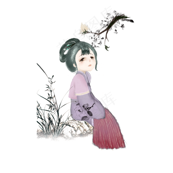 古风可爱仕女水墨唯美罗裙PNG