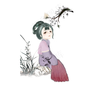 古风可爱仕女水墨唯美罗裙PNG