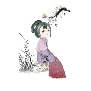 古风可爱仕女水墨唯美罗裙PNG
