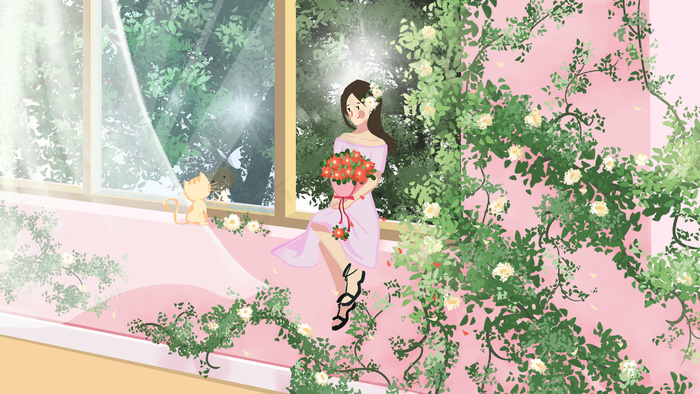 夏天窗台蔷薇女孩(2880*1620px 300 dpi )psd模版下载