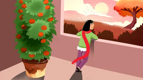 卡通手绘风立秋秋天窗外配图