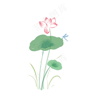 中国风水彩清新莲花和蜻蜓,免抠元素