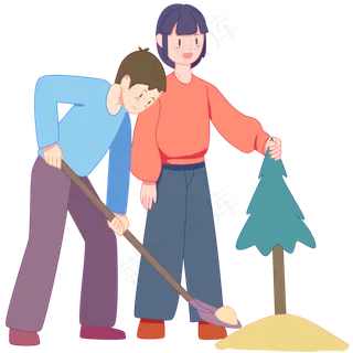 手绘植树节卡通男孩和女孩辛勤植