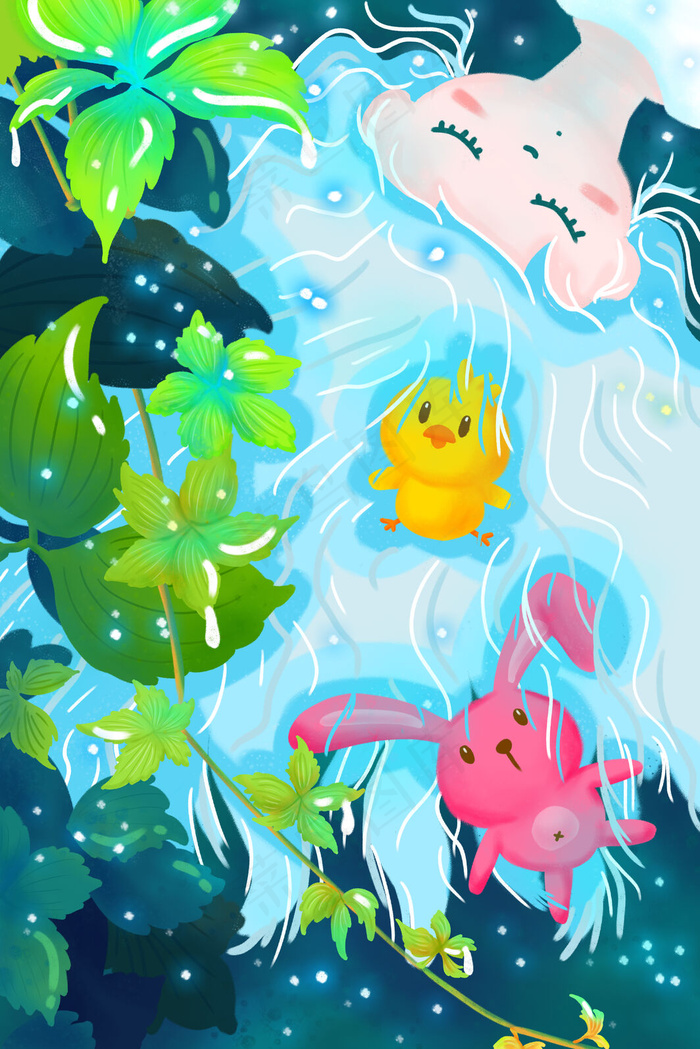 夏季夜晚女孩精灵动物晚安睡觉