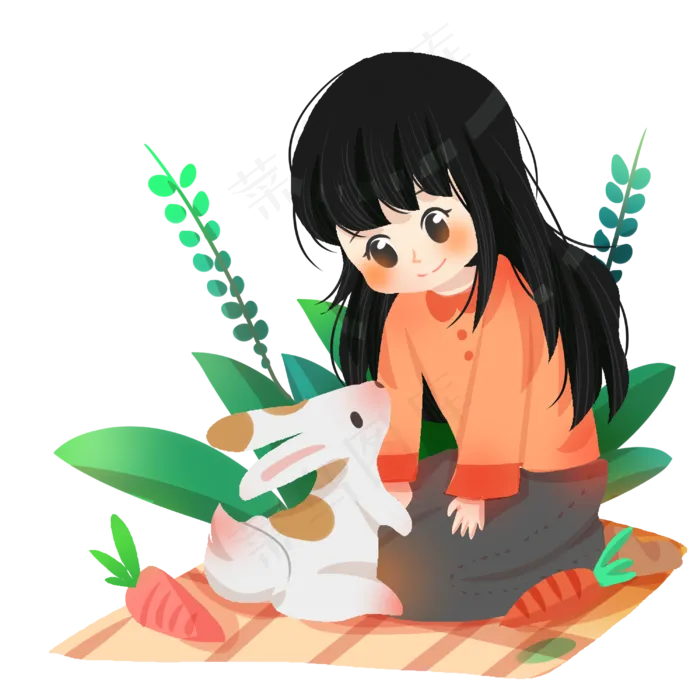 春分人物和小兔子,免抠元素