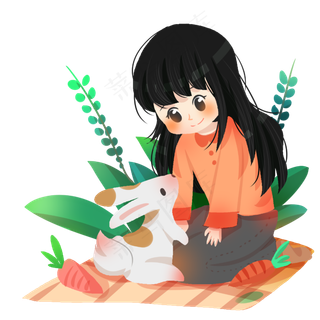 春分人物和小兔子,免抠元素