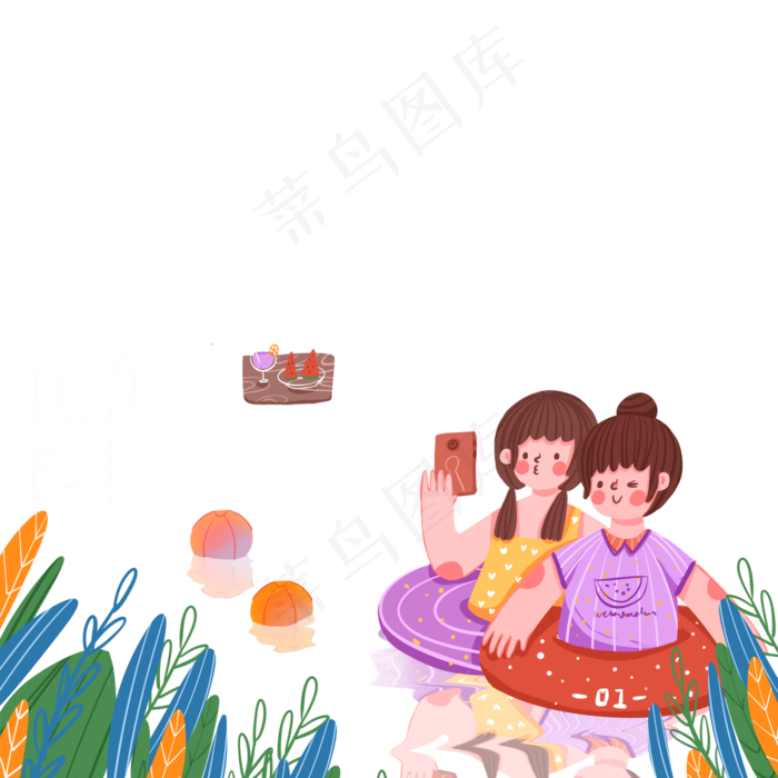 卡通可爱扁平节气小暑女孩游泳池