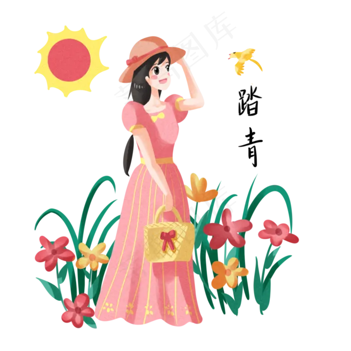 春分踏青的小女孩,免抠元素